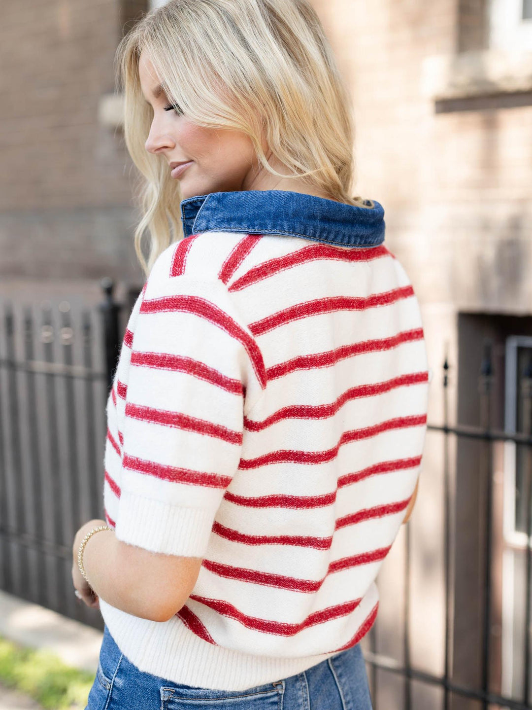Contrast Denim Collared Stripe Sweater Top