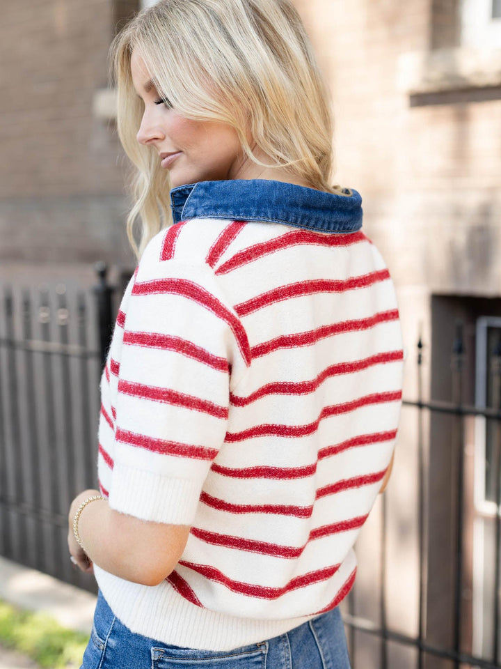 Contrast Denim Collared Stripe Sweater Top