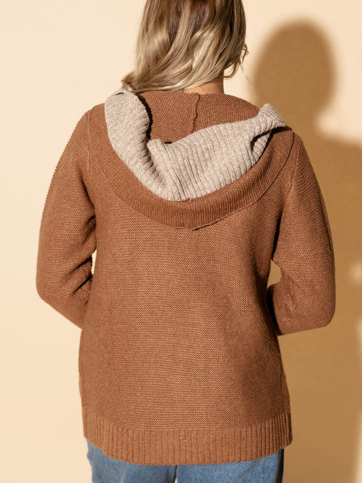 layered hooded open front cardigan