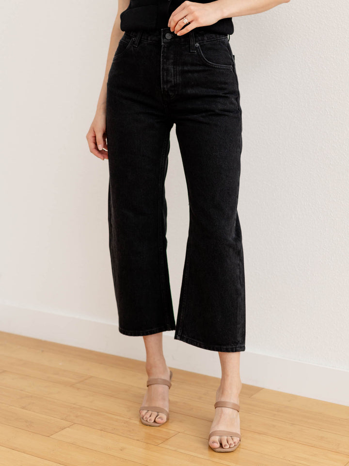 washed black wide leg barrel jeans