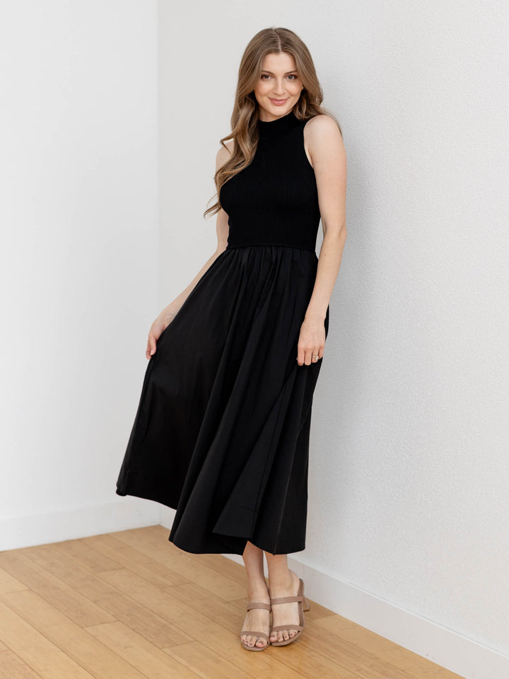 solid black mock neck maxi dress