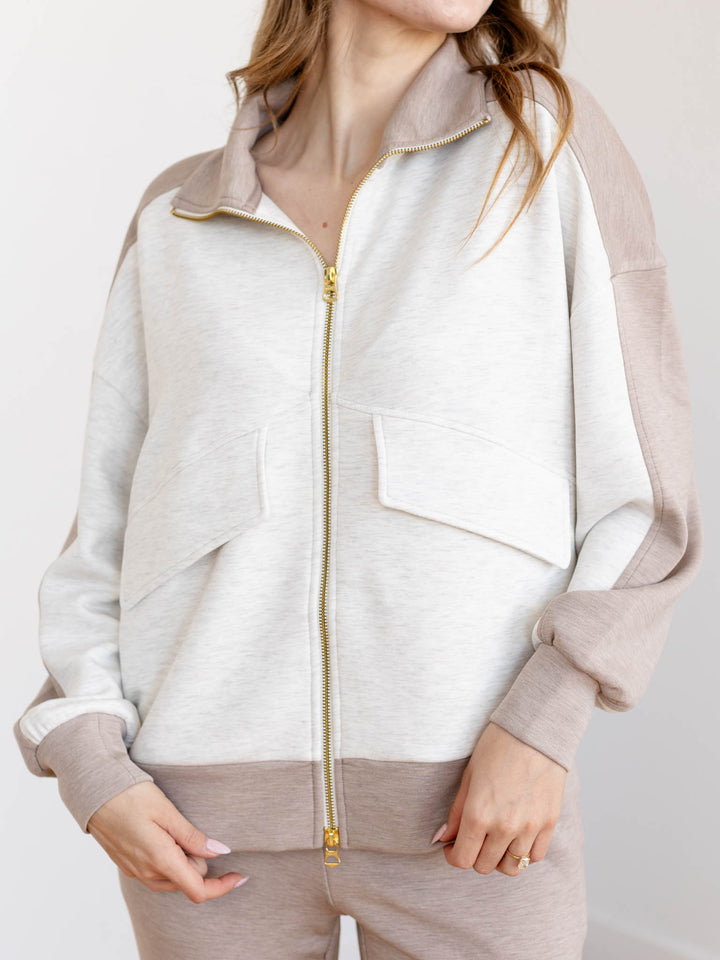 two tone neutral zip up sweatshirt