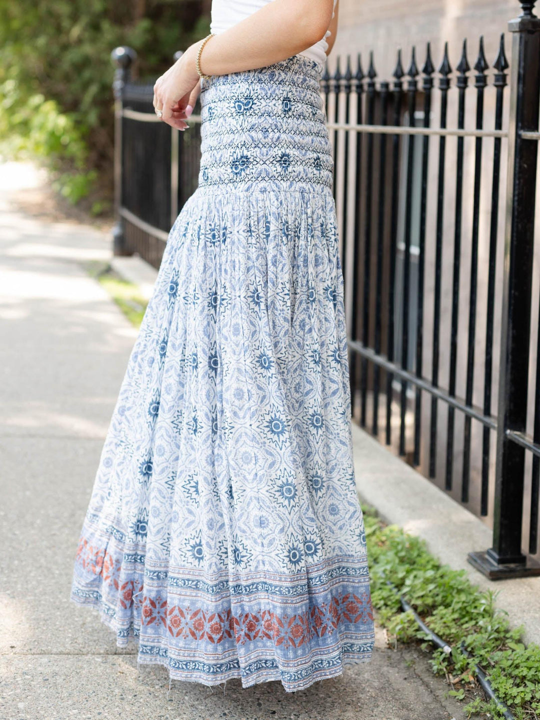 red and blue smocked maxi skirt