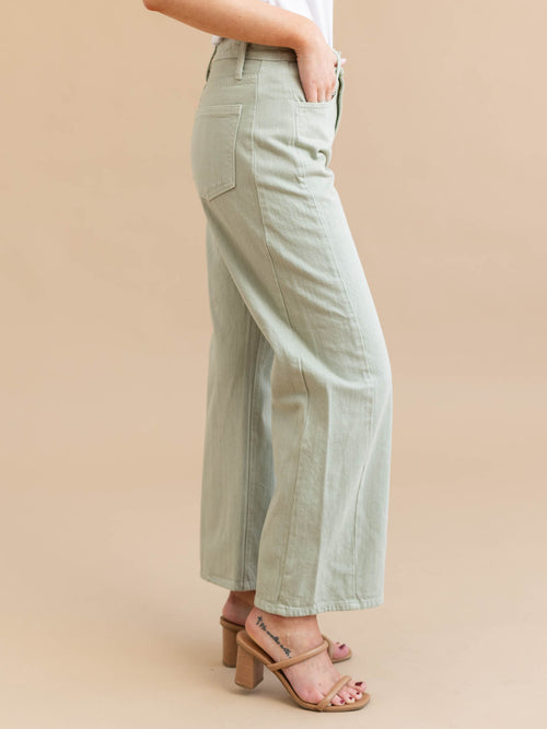 light green barrel wide side seam denim