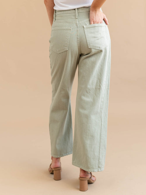 light green barrel wide side seam denim