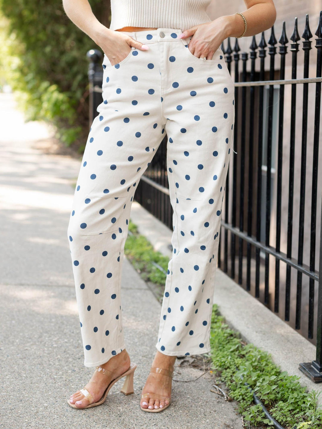 High Rise Polka Dot Printed Barrel Twill Pants