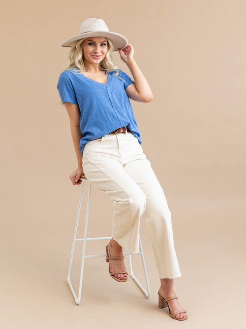 bold blue exposed center seam vneck tee