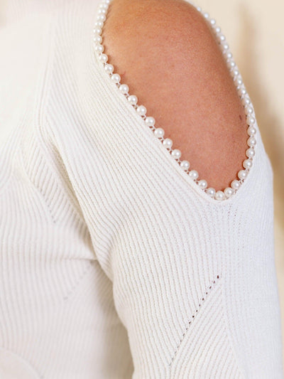 cold shoulder pearl accent sweater