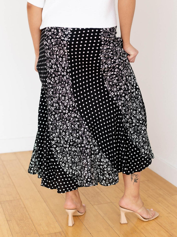 black and white polka dot and floral skirt