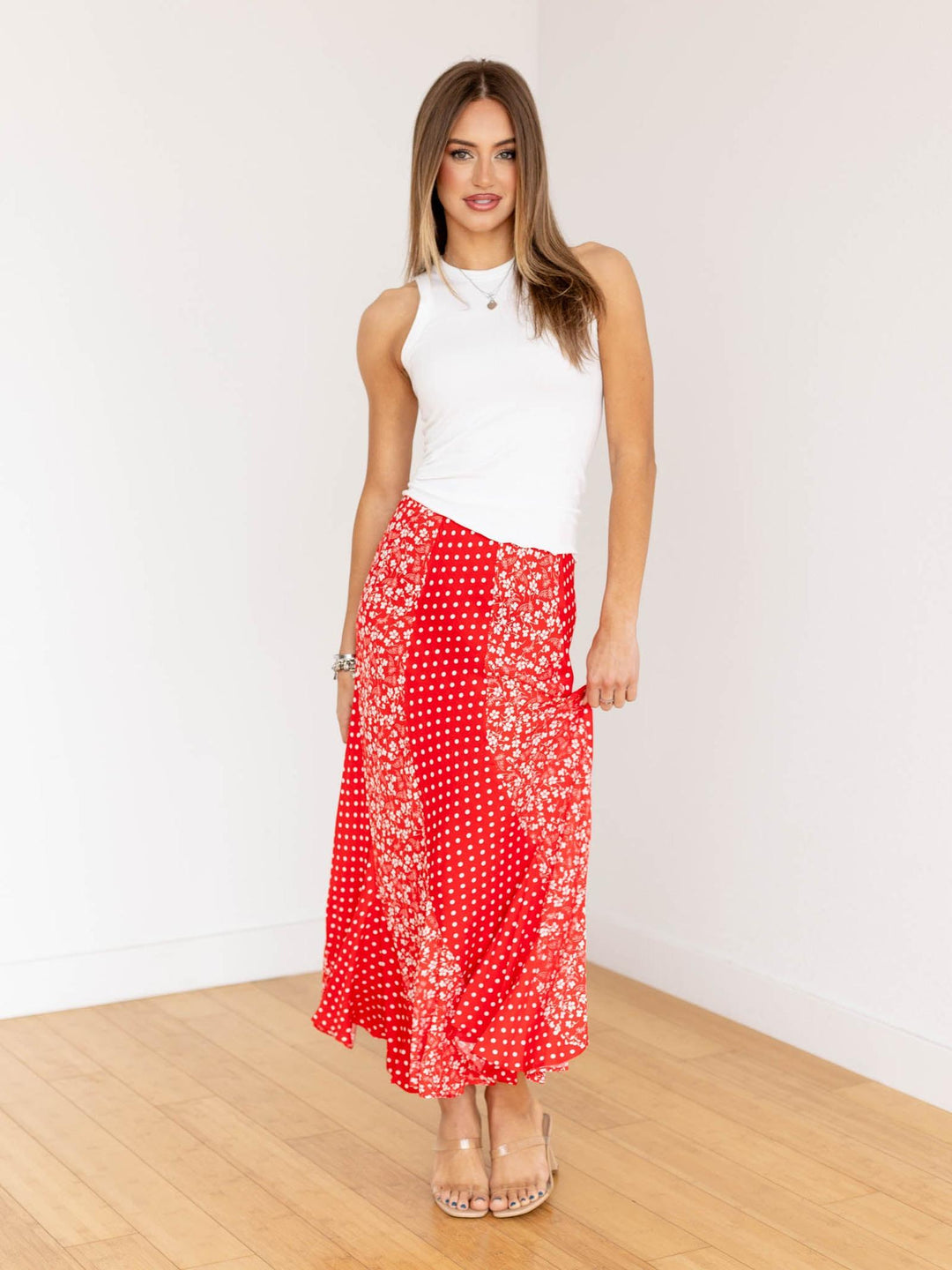red mixed printed maxi skirt