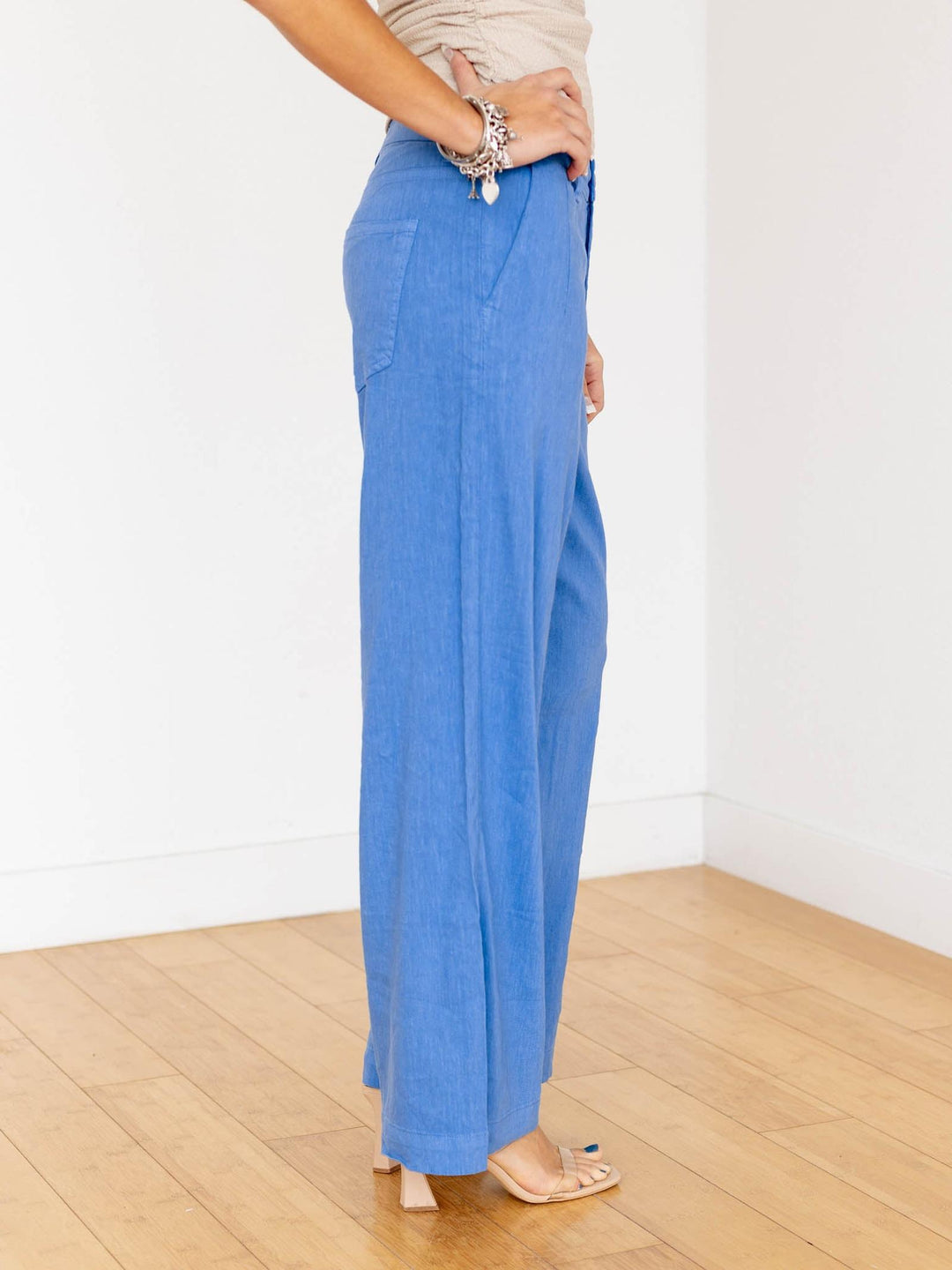 bright blue wide leg linen pants
