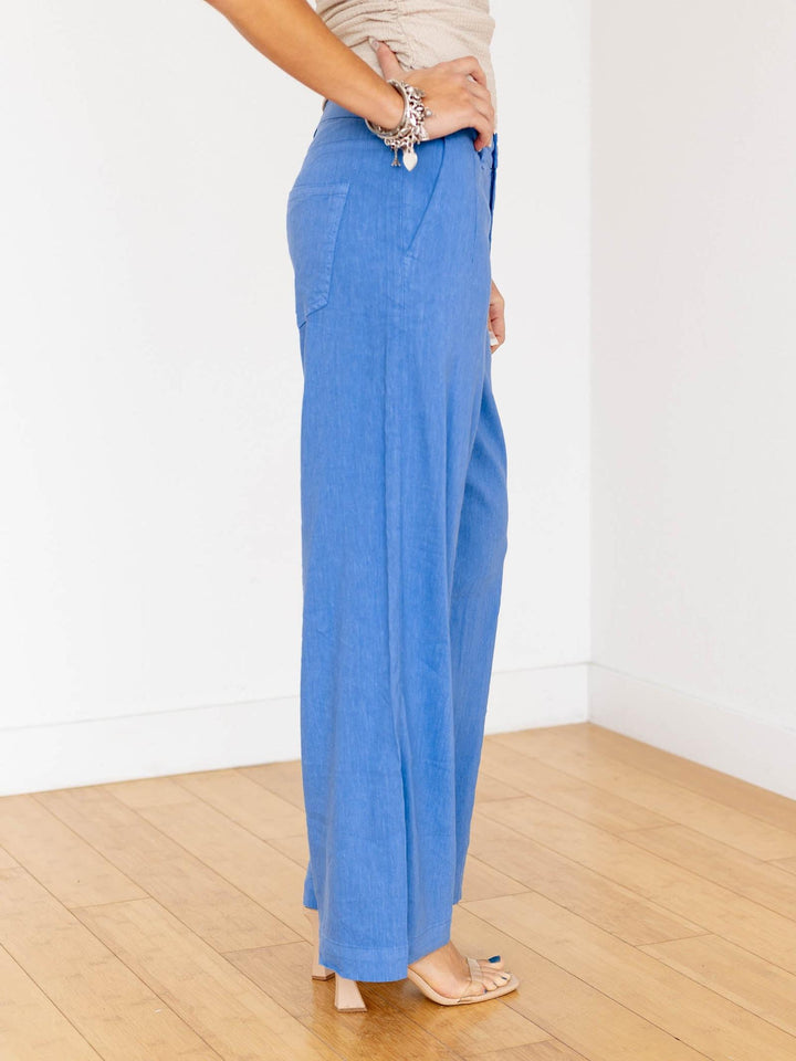 bright blue wide leg linen pants