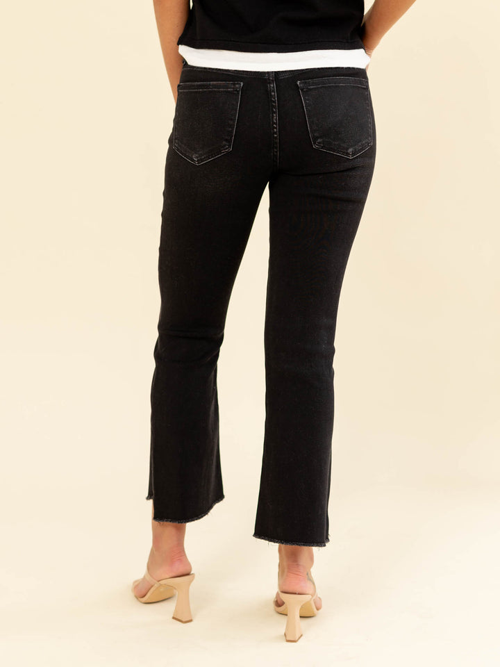 black cropped flared denim jeans