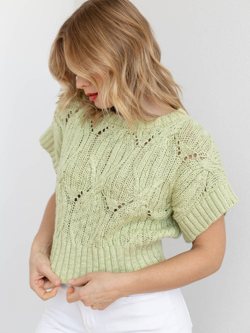green chunky knit short sleeve sweater