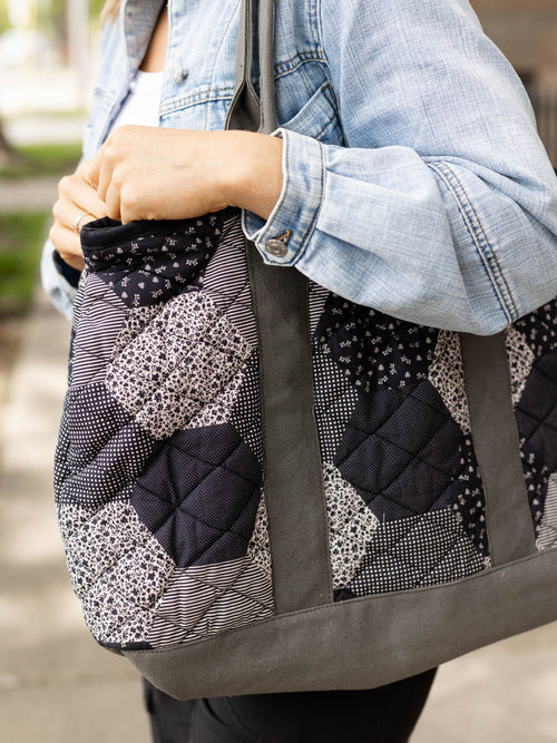 grey and blue patchwork quilt tote