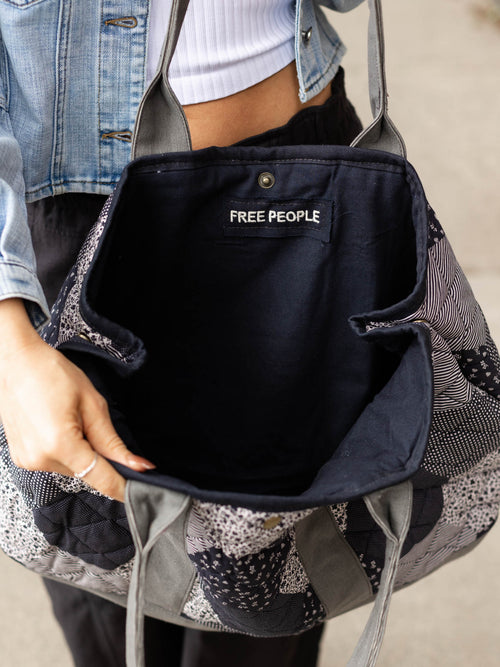 grey and blue patchwork quilt tote