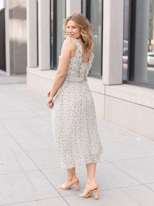 neutral midi length floral dress