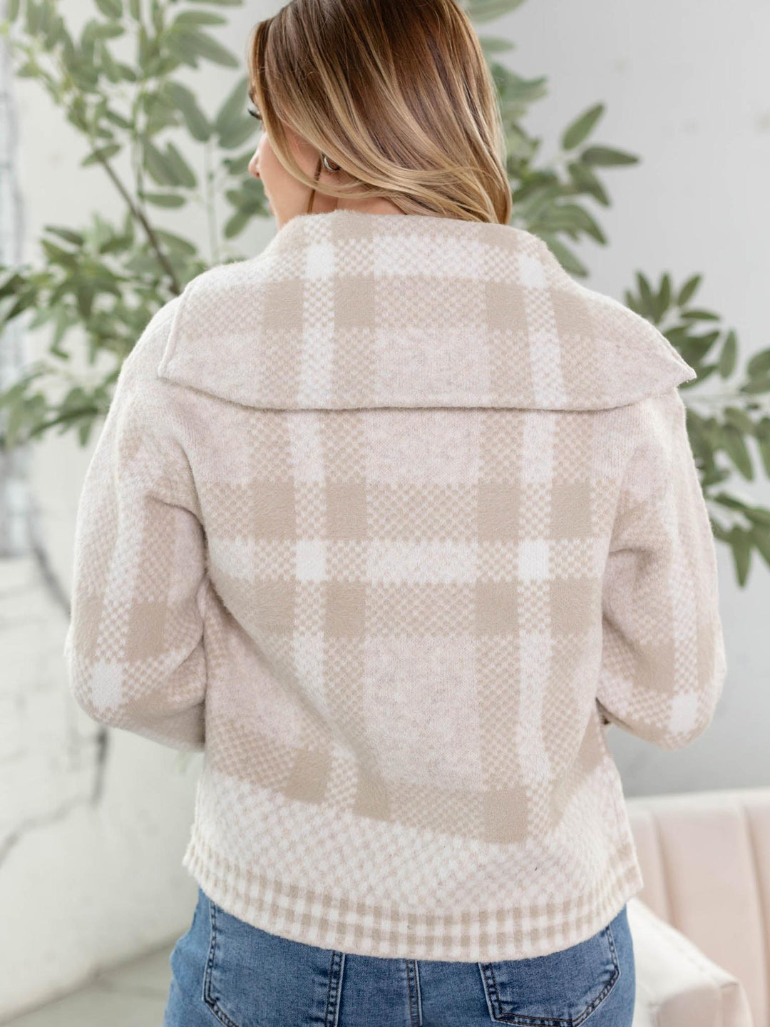 tan and white checkered bomber jacket