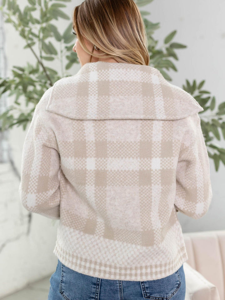 tan and white checkered bomber jacket