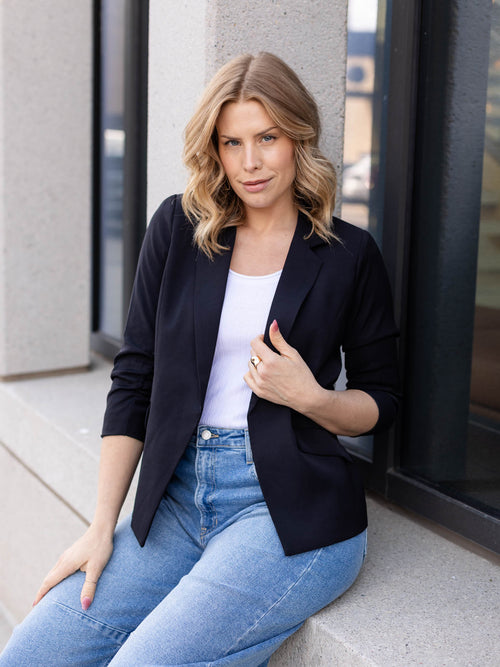black shirred sleeve blazer