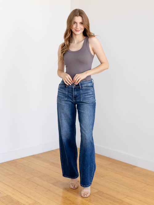 medium wash wider leg denim