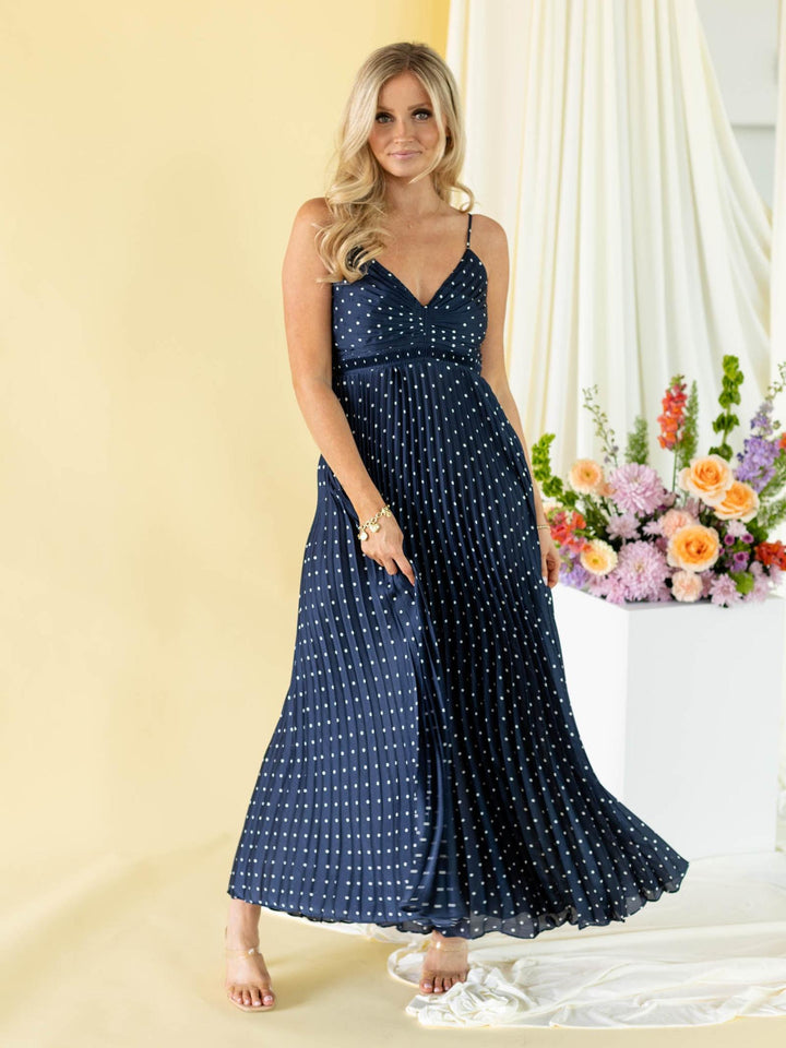 pleated polka dot midi dress