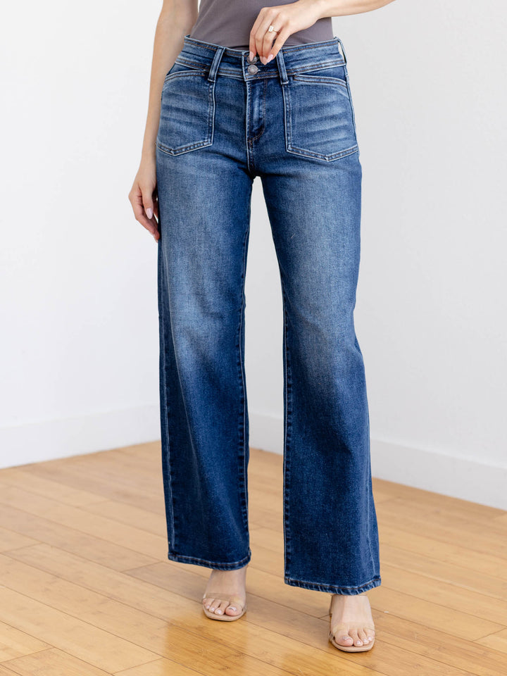medium wash wider leg denim