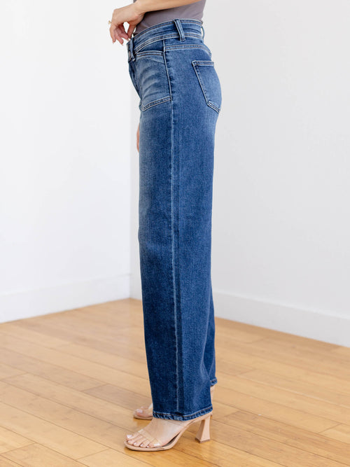 medium wash wider leg denim