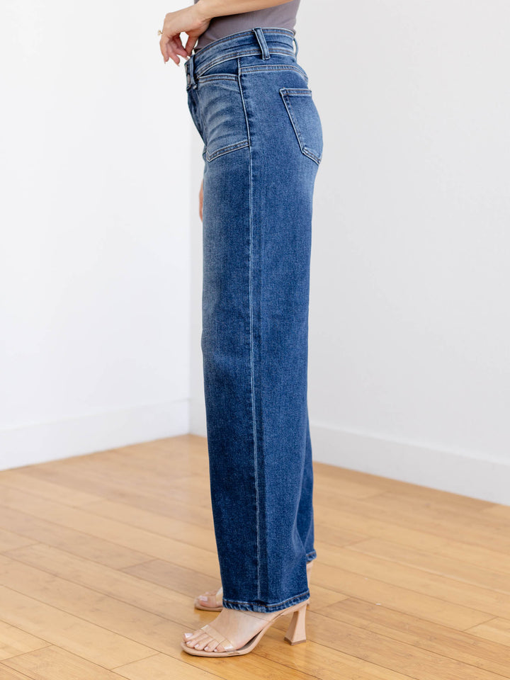 medium wash wider leg denim