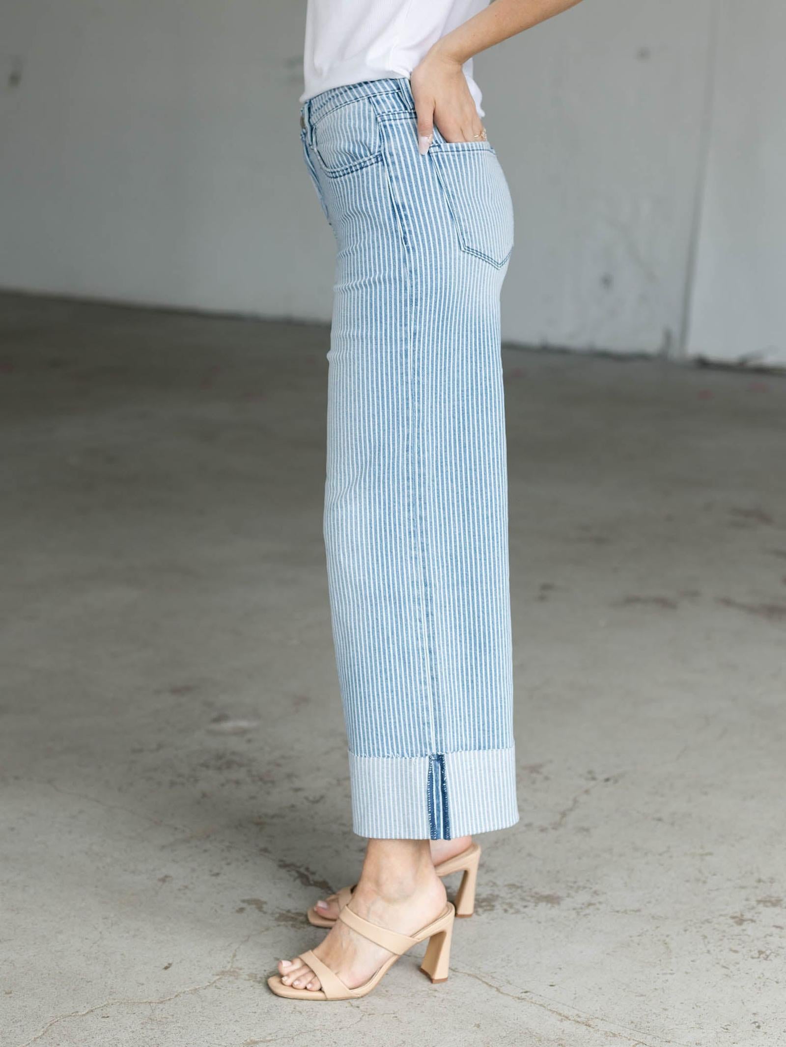 VERVET Stripe High Rise Crop Wide Cuff Denim | Leela and Lavender