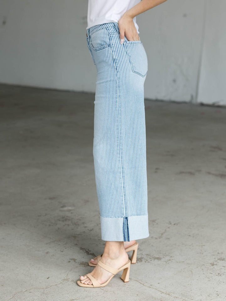 cuffed striped denim