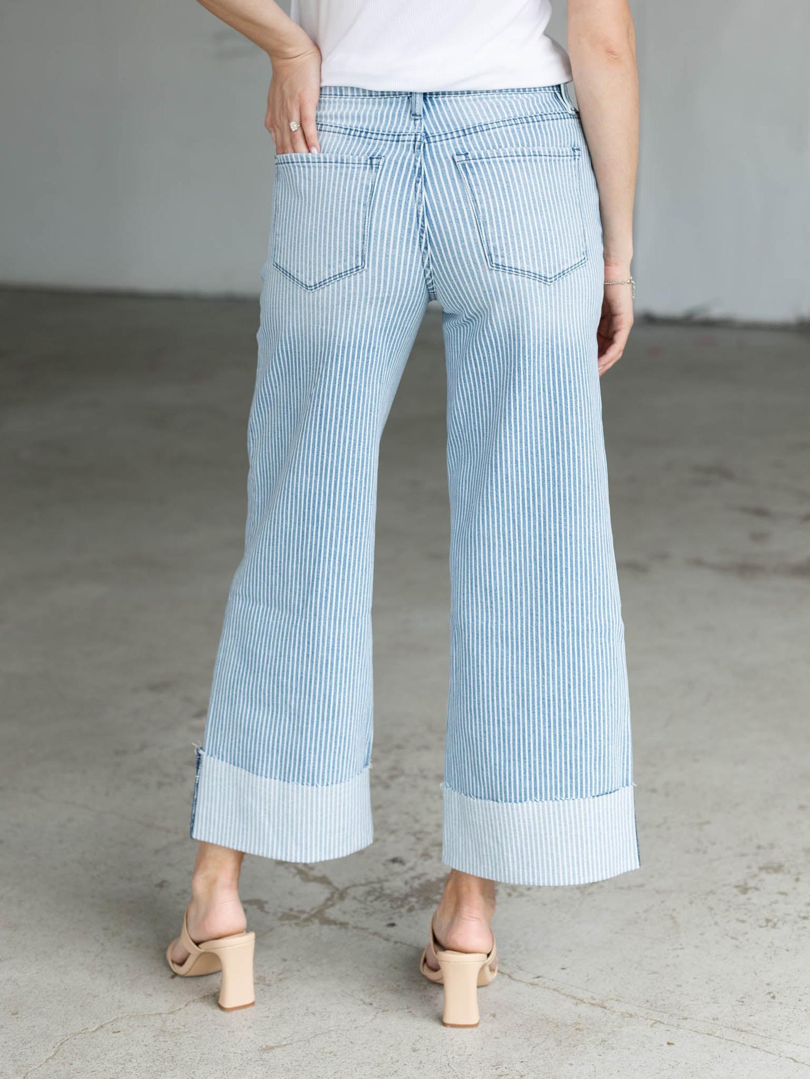 VERVET Stripe High Rise Crop Wide Cuff Denim | Leela and Lavender