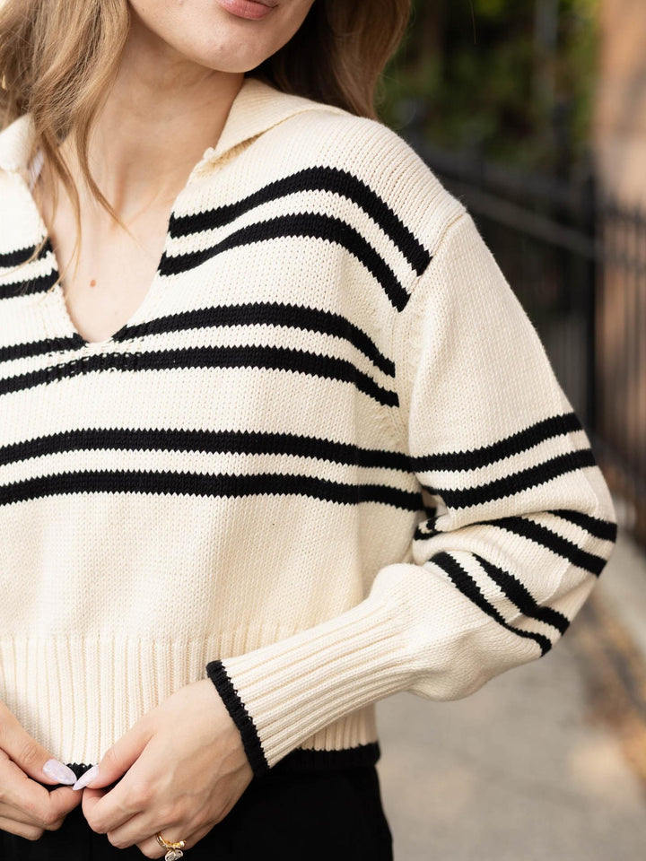 Elan Striped V-Neck Collared Sweater