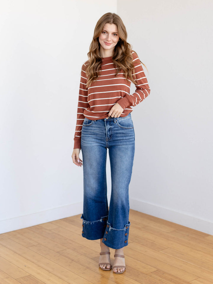 brown and white stripe basic long sleeve