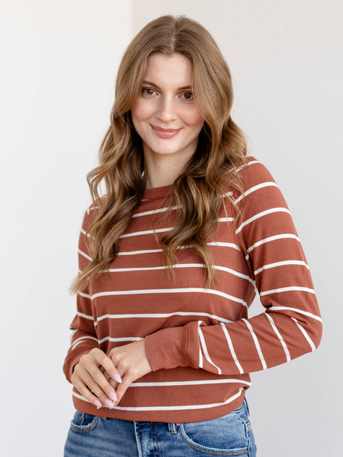 brown and white stripe basic long sleeve