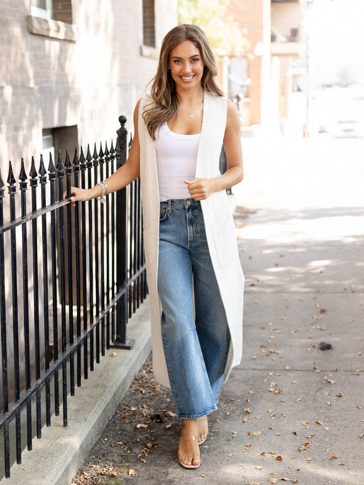 cream sleeveless long vest