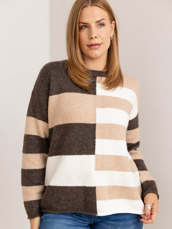 brown and white stripe crew neck sweater