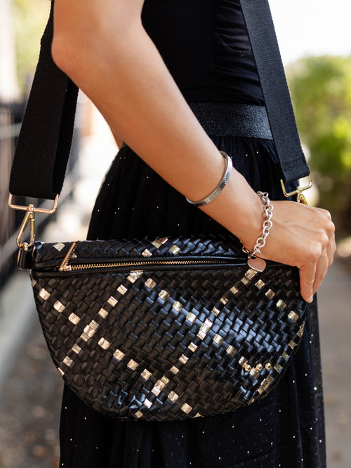 gold metallic black woven bag