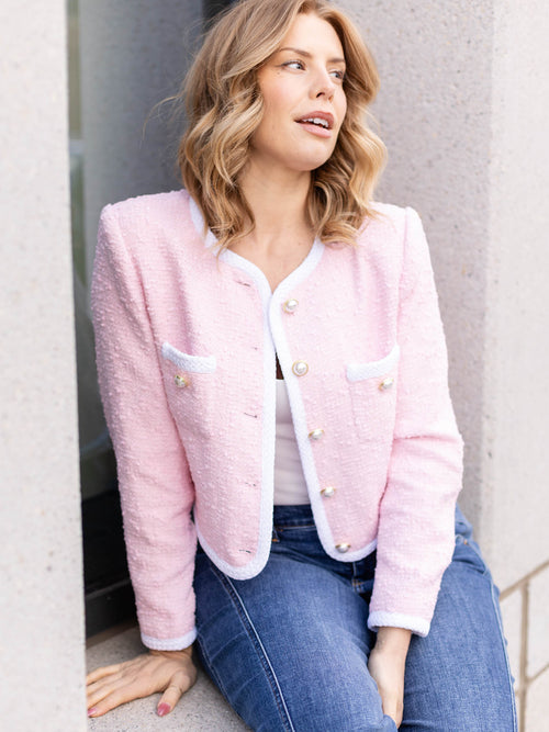 pink and white pearl button tweed jacket
