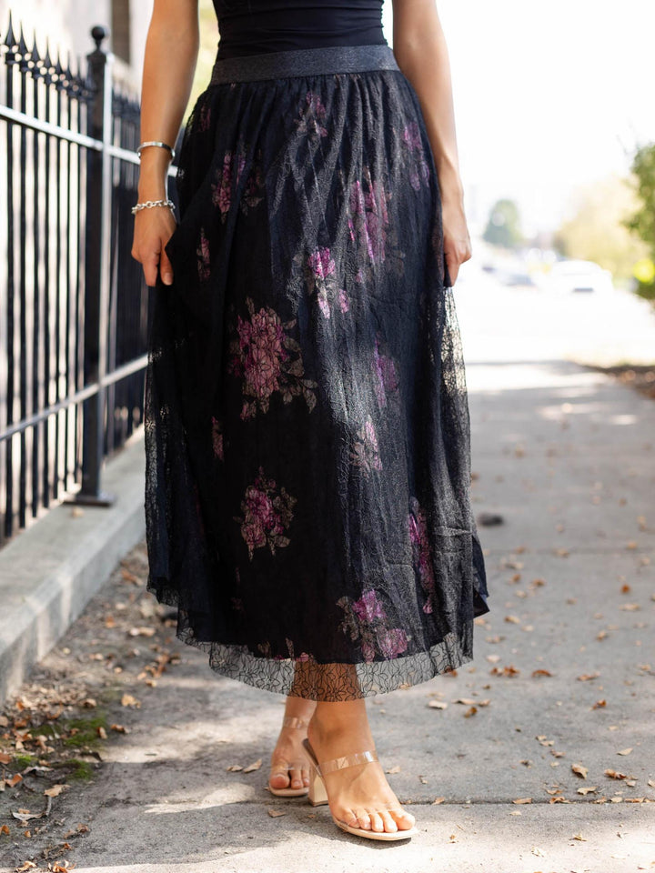 moody floral lace midi skirt