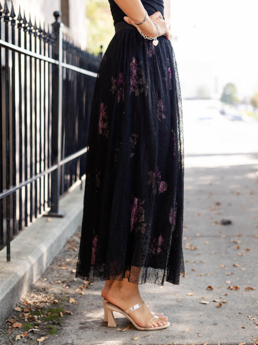 moody floral lace midi skirt