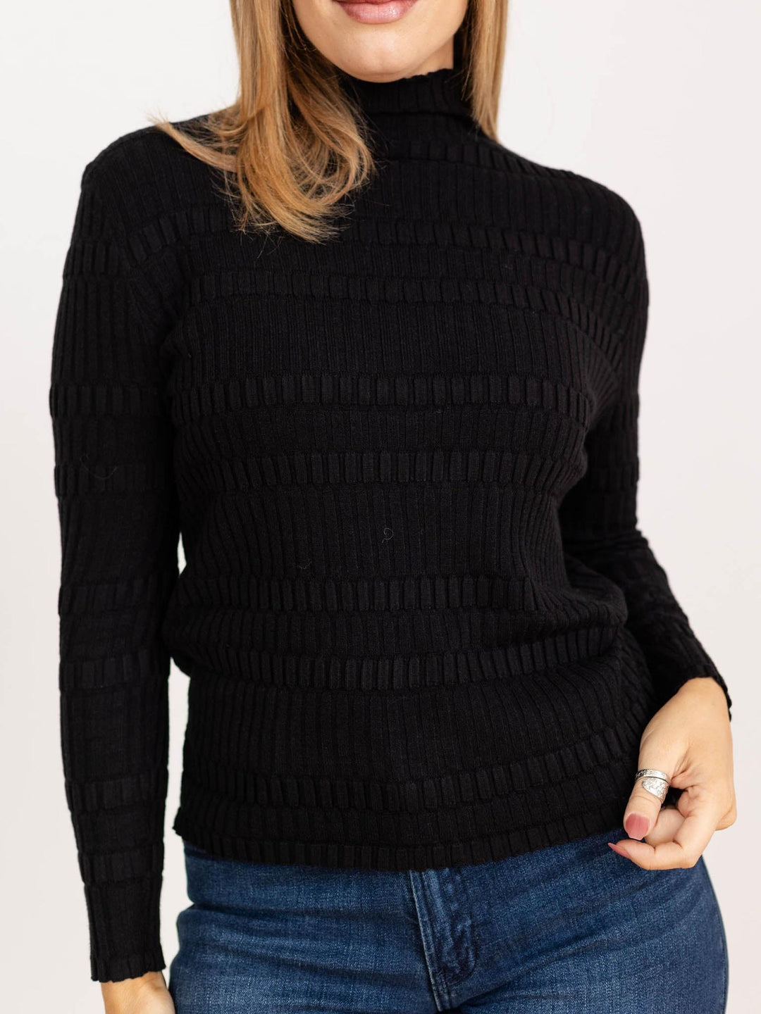 black textured mock neck top