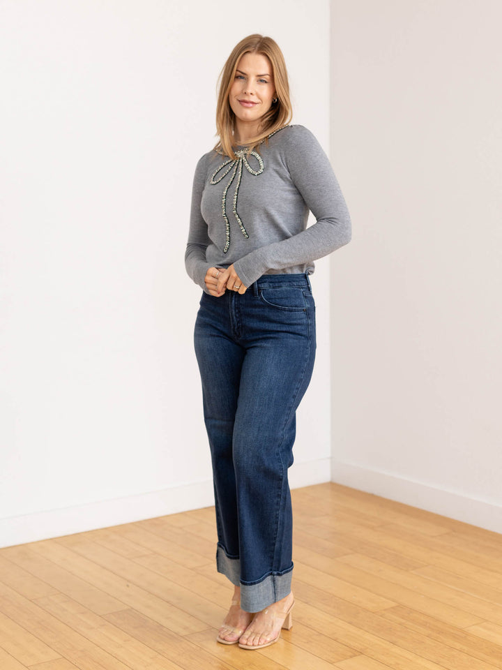 grey rhinestone bow lightweight sweater