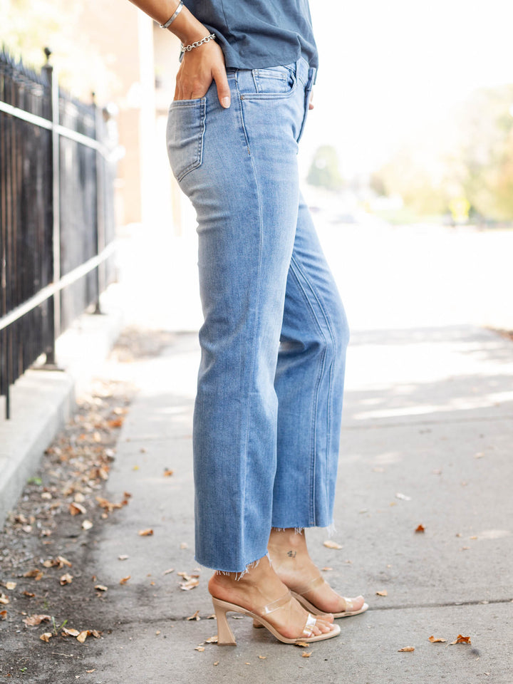 flared ankle medium wash denim