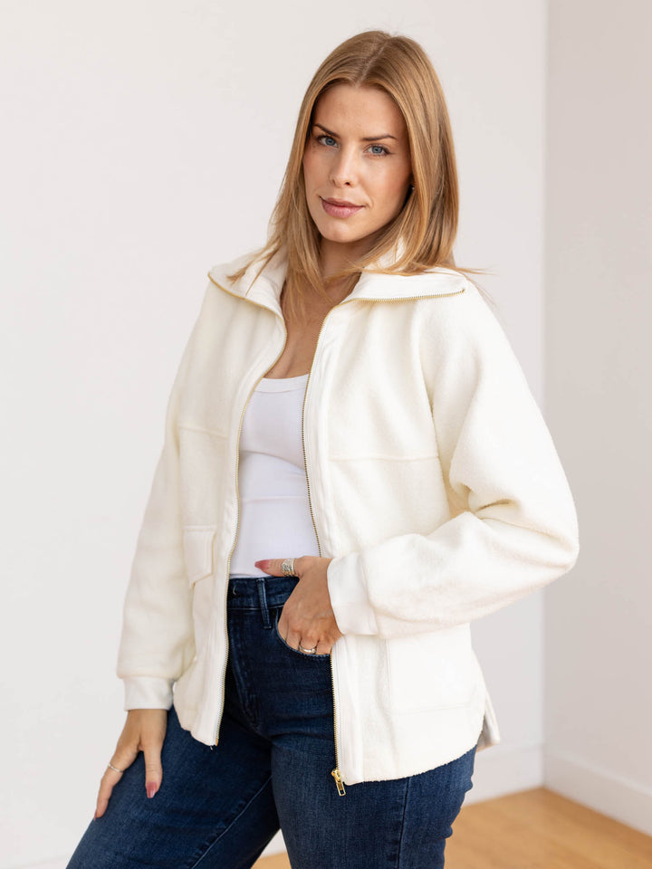 cream collared zip front sherpa jacket