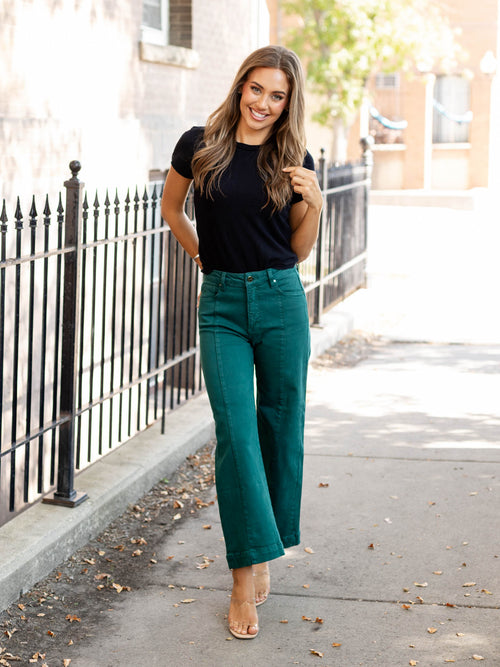 jewel toned green wide leg cropped denim