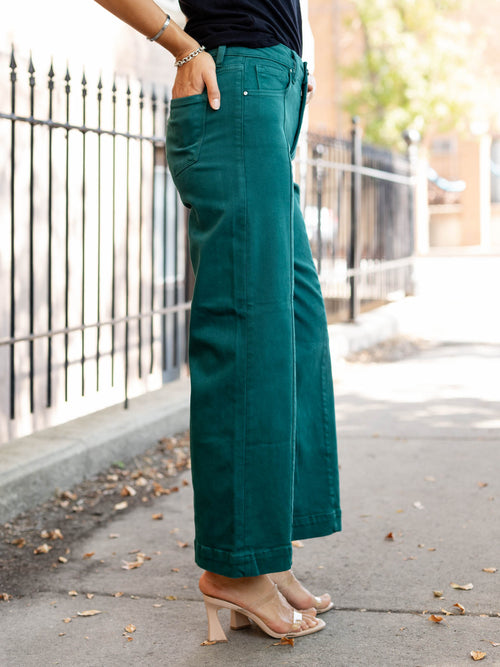 jewel toned green wide leg cropped denim