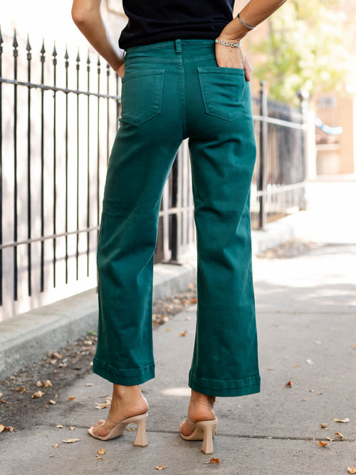jewel toned green wide leg cropped denim