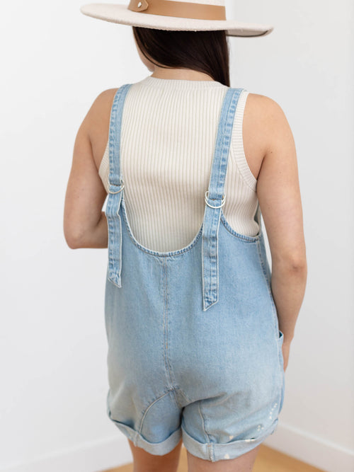 light denim splatter roll cuff denim overalls