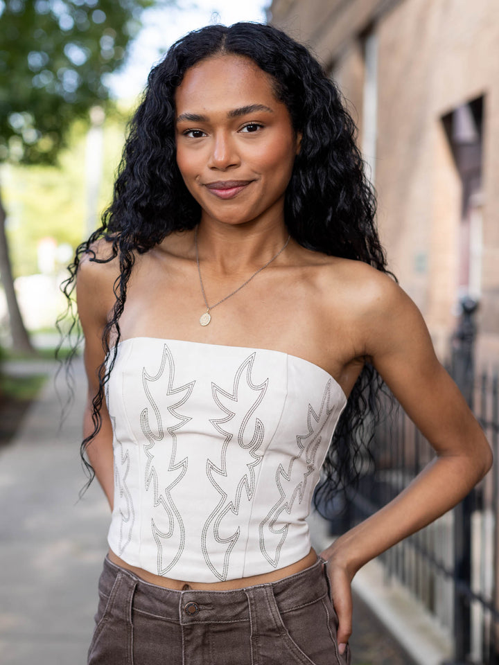 embroidered faux leather corset top